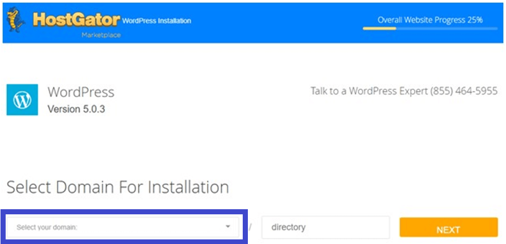 Select a domain to install wordpress