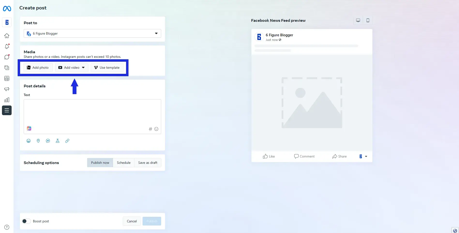 Schedule Posts For Facebook - choose post type