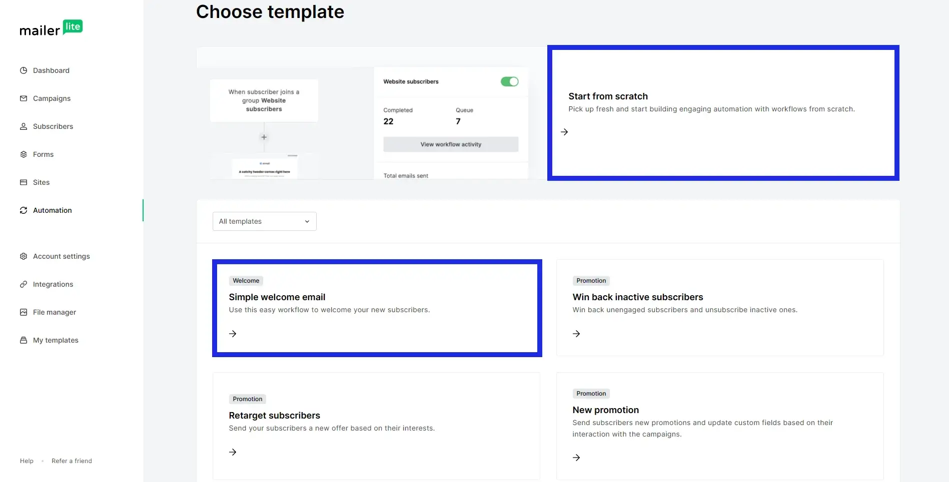 Email Automations: Choose an email template in mailerlite